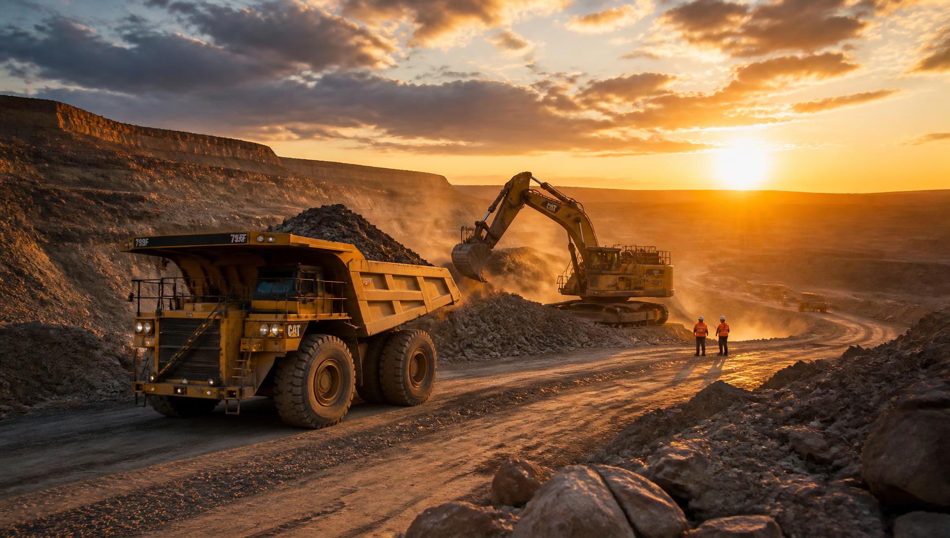 Haul truck and excavator working an open-cut mine at sunrise
